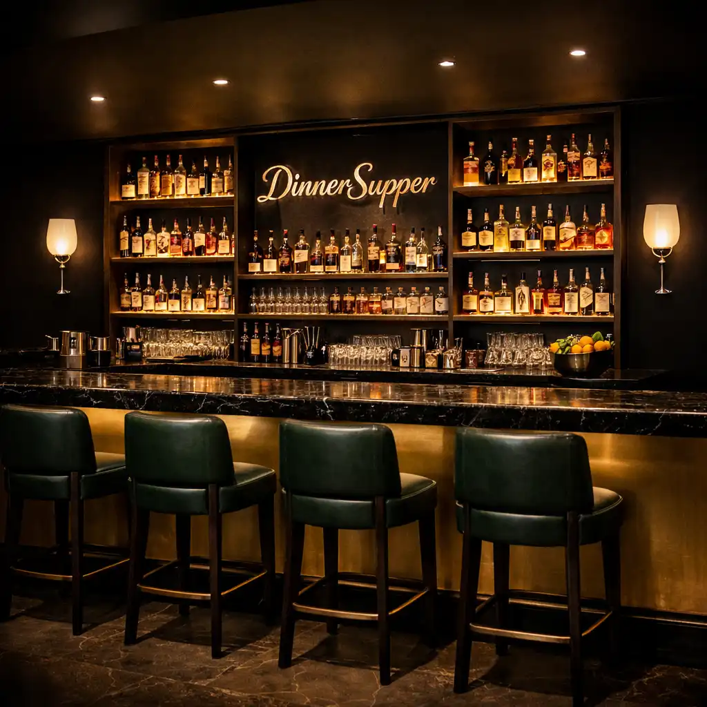 Bar DinnerSupper z ladą z ciemnego marmuru, miedzianym frontem i podświetlanymi półkami