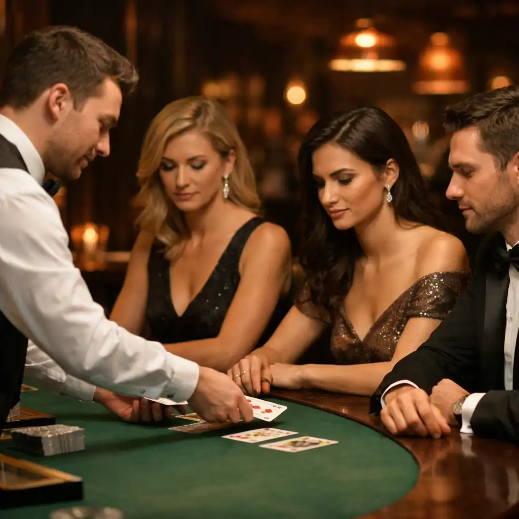 Gracze w eleganckich strojach przy stole blackjacka w DinnerSupper, krupier rozdaje karty