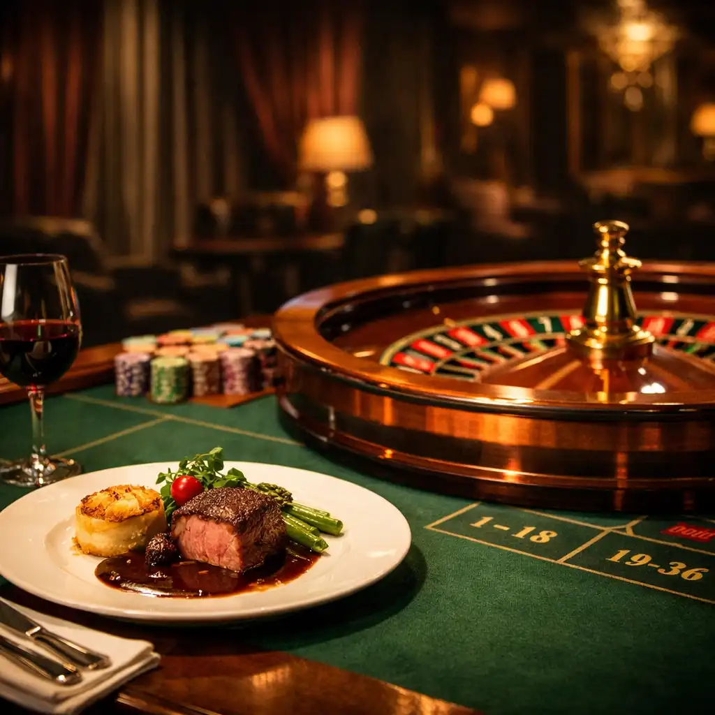 Stół do ruletki w Casino Lounge z elegancko podanym daniem na pierwszym planie