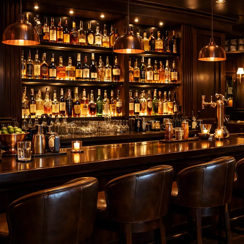 Bar w Casino Lounge z podświetlonymi butelkami i miedzianymi akcentami