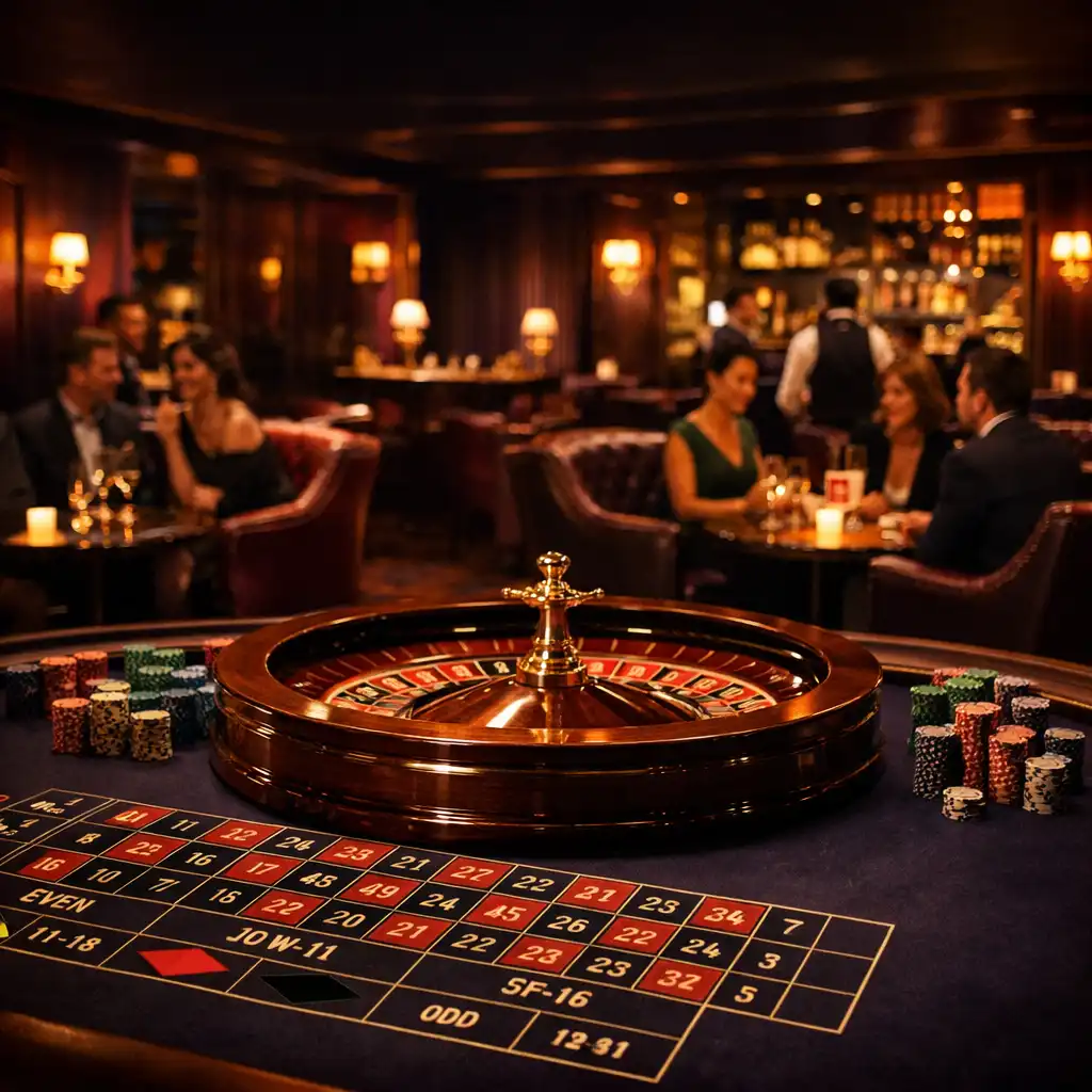 Eleganckie Casino Lounge ze stołem do ruletki i skórzanymi fotelami