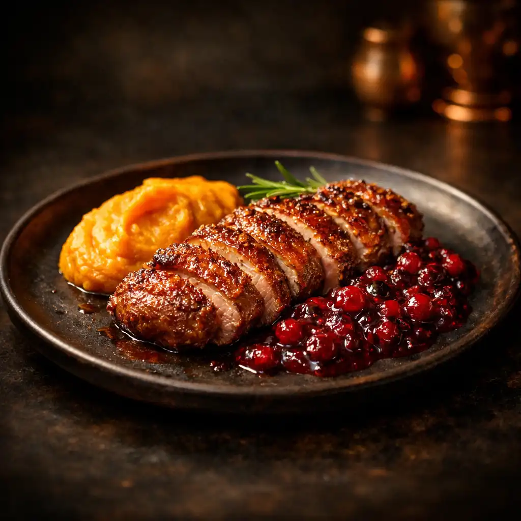 Pieczona pierś kaczki z chrupiącą skórką, sosem żurawinowym i puree z dyni