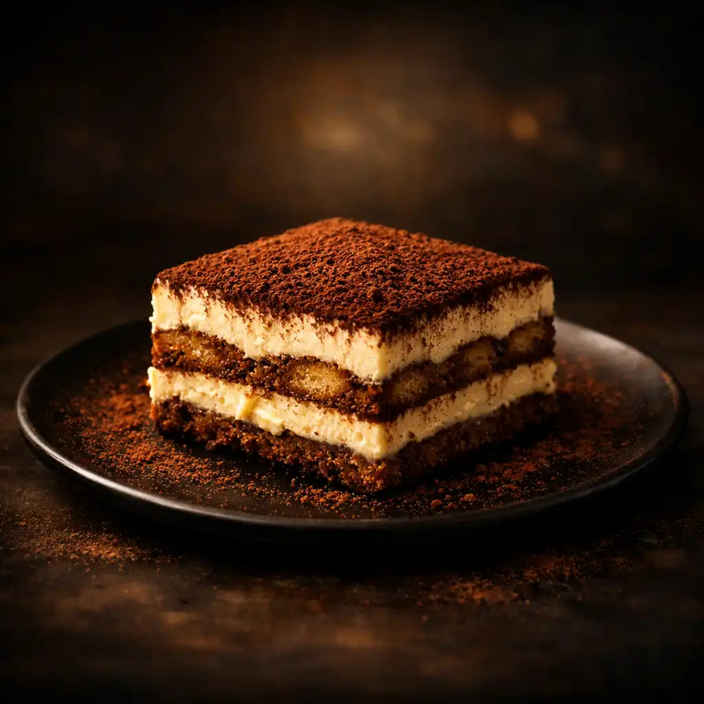 Tiramisu z espresso i amaretto, posypane kakao