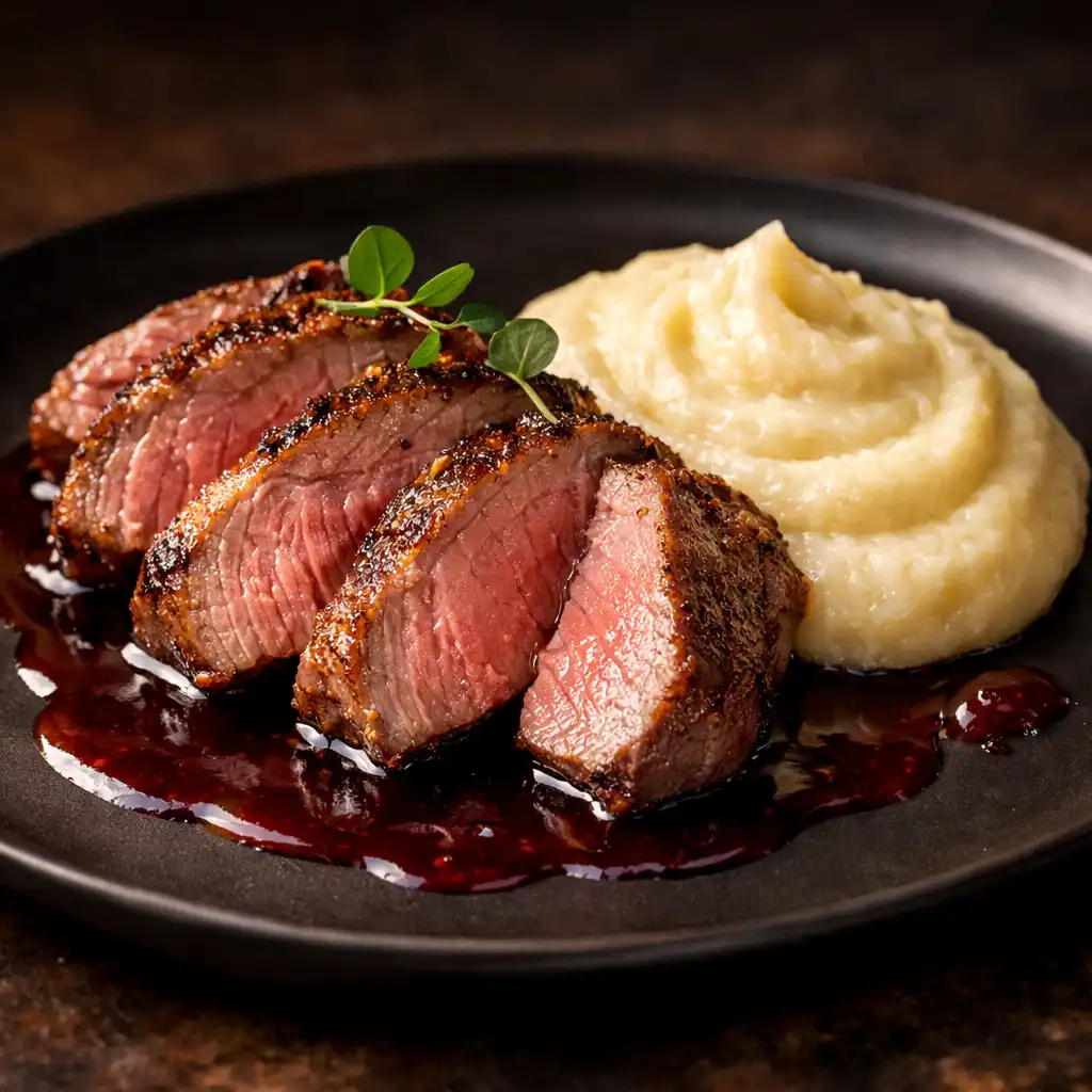 Jagnięcina sous-vide z puree z topinamburu i sosem z czerwonego wina