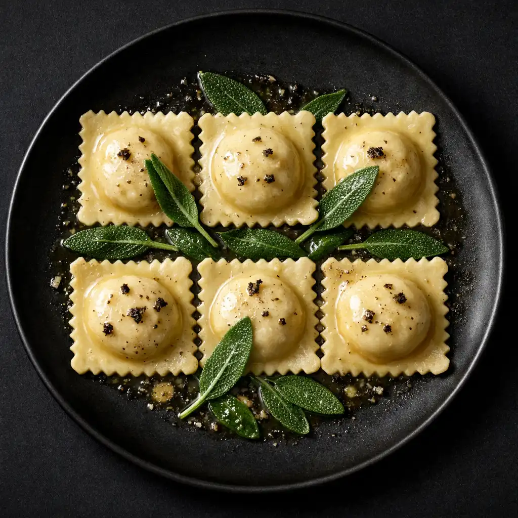 Ravioli z ricottą i truflą na maśle szałwiowym