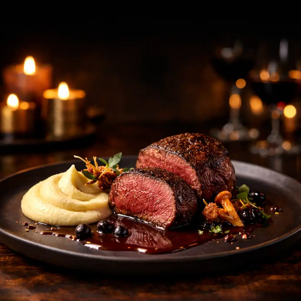 Eleganckie danie główne na ciemnym stole w restauracji DinnerSupper