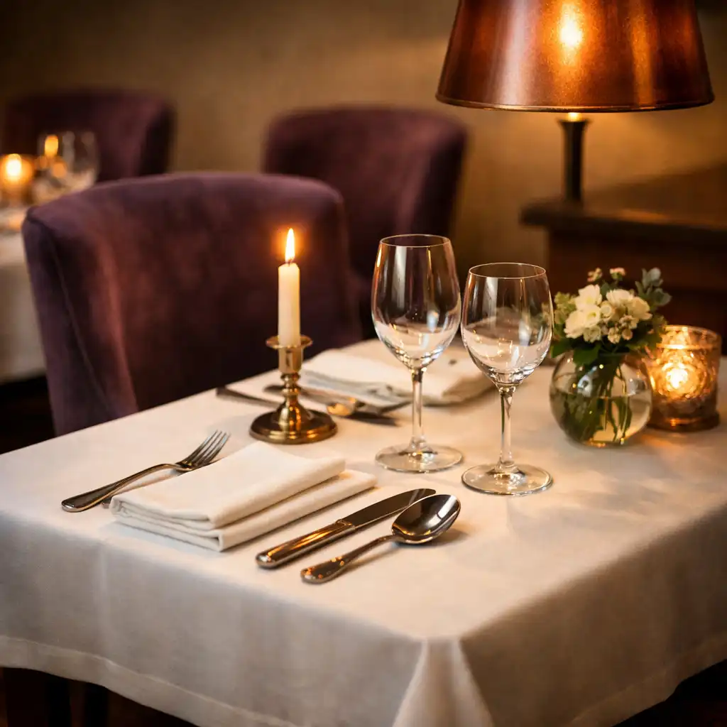 Elegancko nakryty stół w jadalni DinnerSupper z welurowymi krzesłami i punktowym oświetleniem