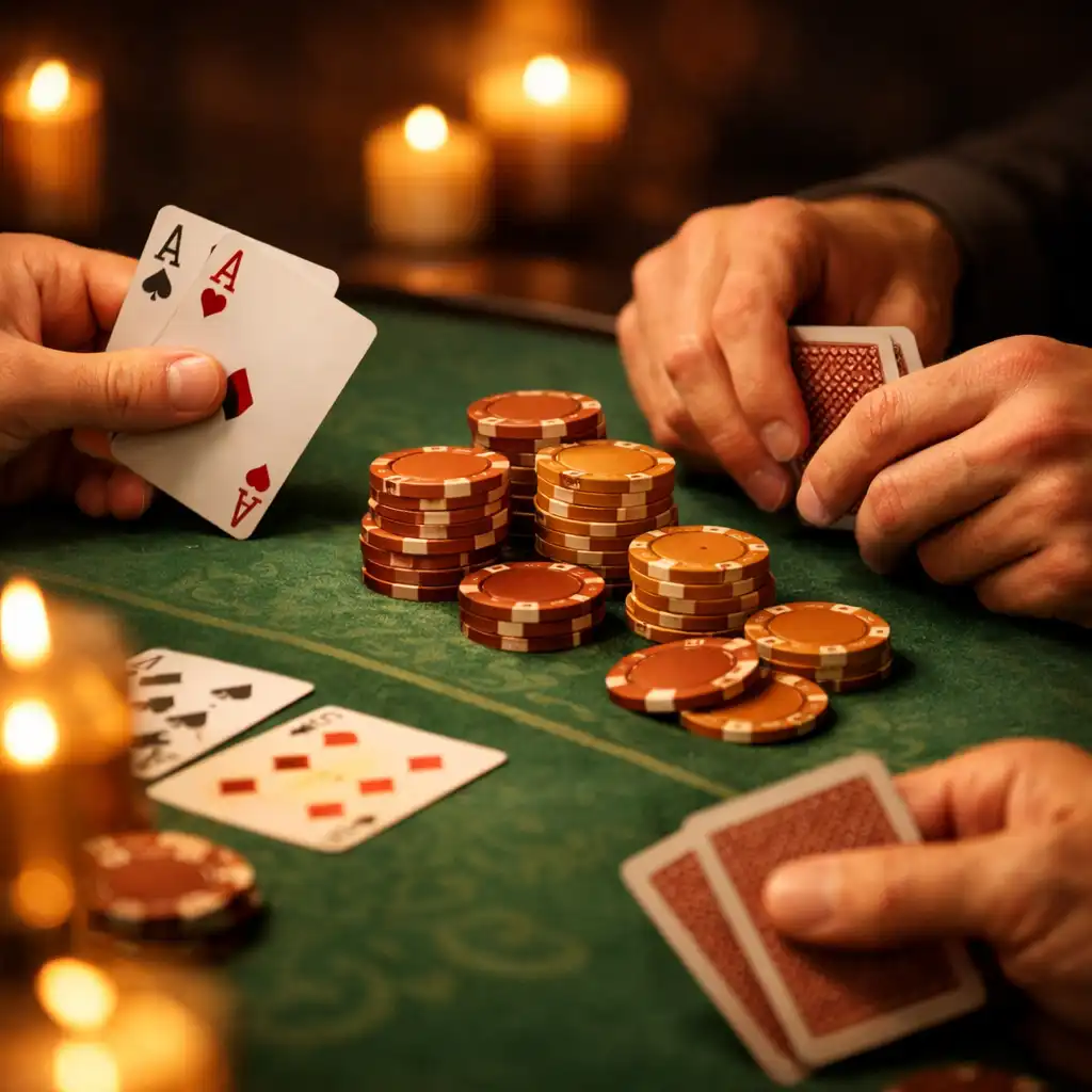 Detale stołu pokerowego: karty, żetony i zielone sukno w ciepłym świetle