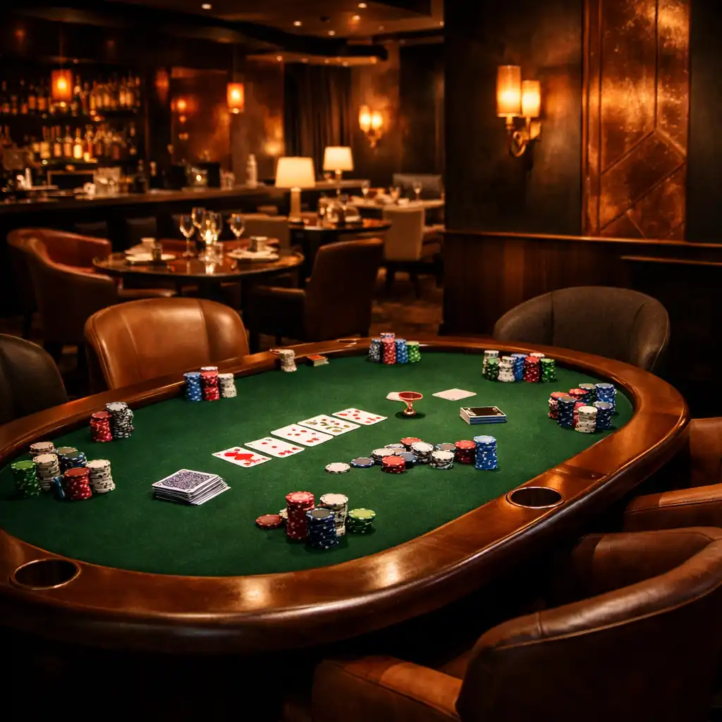 Stół do pokera w Casino Lounge Dinner & Supper z zielonym suknem i eleganckimi krzesłami